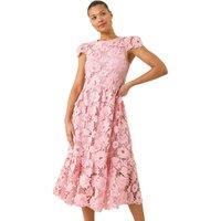 Roman Women's Crochet Floral Lace Midi Dress in Light Pink | Size: 12