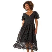Roman Women's Crochet Lace V-Neck Midi Dress in Black | Size: 12