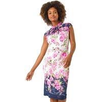 Roman Women's Floral Lace Twist Neck Keyhole Dress in Pink | Size: 12