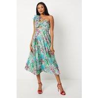 Printed Organza One Shoulder Twist Front Midi Dress