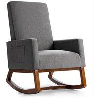 Costway Modern Rocking Chair Upholstered Fabric Leisure Armchair with Rubber Wood Base in Grey