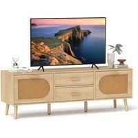 Costway Rattan TV Stand for 65-Inch TV 150CM TV Console Cabinet with Drawers in Natural