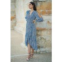 Yumi Women's Blue Paisley Dipped Hemline Midi Dress With Open Long Sleeves | Size: 14