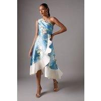 One Shoulder Seam Detail Ruffle Midi Dress