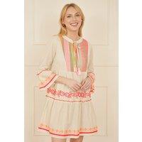 Yumi Women's White Embroidered Cotton Tunic in Beige | Size: 12