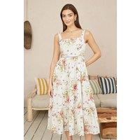 Yumi Women's White Floral Broderie Anglaise Midi Sun Dress in Ivory | Size: 16