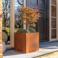 Woven Wood 50cm Corten Steel Cube Planter in Light Brown