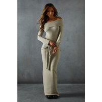 MissPap Women's Knitted Bardot Wrap Front Midi Dress in Stone | Size: XS/S