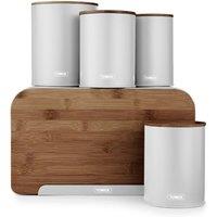 Tower T826141DGRY Scandi 5 Piece Storage Set w/ Bread Bin, Biscuit Barrel, 3 Canisters for Tea, Coffee, Sugar & Other Loose Ingredients, Durable Iron
