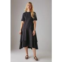 Warehouse Women's Twill Puff Sleeve Ruffle Hem Midi Dress in True Black | Size: 8