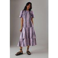 Warehouse Women's Animal Twill Puff Sleeve Ruffle Hem Midi Dress in Ice Lilac | Size: 8