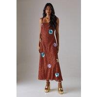 Hand Embellished Flower Burst Strappy Sequin Slip Midi Dress