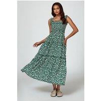 FS Collection Women's Floral Print Hem Detail Tiered Maxi Dress In Green | Size: XS