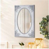 84cm W x 114cm H White Rectangular Wooden Frame Oval Mirror Deco Wall Mirror with Plaster Flower Carving