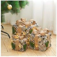 3 Pcs Christmas Decorative Gift Cube Box with Pine Bowknot Home Decor
