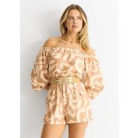 Gini London Women's Beige Abstract Belted Bardot Viscose Playsuit | Size: 10