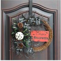 Living and Home 40cm Halloween Wreath with Pumpkin, Bow & Pine Cones Rustic Vine Door Hanging with Halloween" Sign