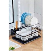 Living and Home Kitchen 2-Tier Metal Dish Drainer Rack Detachable Drying Tray Sink Plates Bowl Storage Organizer in Black