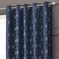 Velosso Modern Blackout Geometric Curtain, Ring Top, Thermal Energy Saving in Navy | Size: 117 cm width x 183 cm drop