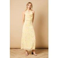 Oasis Women's Printed Mesh Dobby Halterneck Dress in Yellow | Size: 14