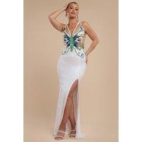 Goddiva Women's Sequin Butterfly Front Split Maxi Dress in White | Size: 14