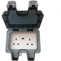 ENER-J 2 Gang Smart WiFi Outdoor Double Socket with USB Ports & IP66 Weatherproof Housing - Grey in White | Size: 1000mm x 1000mm