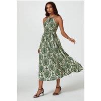 FS Collection Women's Green & Beige Floral Print Tie Halterneck Maxi Dress | Size: Large