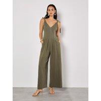 Apricot Women's Textured Cotton Wide Leg Jumpsuit in Khaki | Size: 12