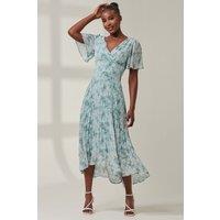 Jolie Moi Women's Chelsea Pleated Chiffon Dip Hem Maxi Dre in Light Blue | Size: 18