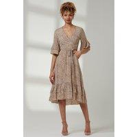 Jolie Moi Women's Litzy Print Flute Sleeve Midi Dress in Camel | Size: 10
