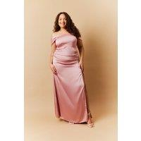 In The Style Women's Satin Bardot Ruched Maxi Dress in Pink | Size: 14