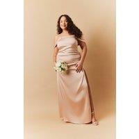 In The Style Women's Satin Bardot Ruched Maxi Dress in Beige | Size: 8