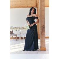 In The Style Women's Satin Bardot Ruched Maxi Dress in Black | Size: 14