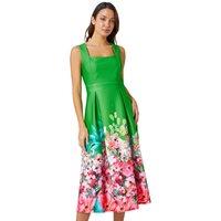 Roman Women's Premium Stretch Floral Midi Dress in Green | Size: 12