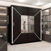 Sliding Wardrobes 4U Modern Double Sliding Wardrobe with LED Light W 180 x H 217 x D 62 in Black