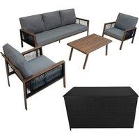 Monstershop Aluminium 4 Piece Sofa Set with Black Rattan Storage Box - Wood Effect in Brown