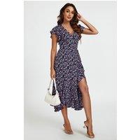 FS Collection Women's Floral Frill Sleeve Midi Wrap Dress in Navy | Size: XS