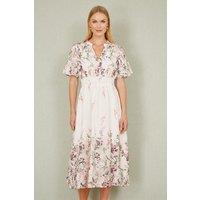 Yumi Women's White Mirrored Floral Button Up Midi Dress With Ruched Waist in Ivory | Size: 8