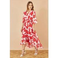 Yumi Women's Red Kimono Sleeves Midi Dip Hem Wrap Midi Dress | Size: 20