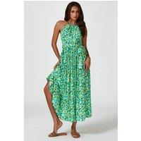 FS Collection Women's Abstract Print Tie Halterneck Maxi Dress In Green | Size: XL