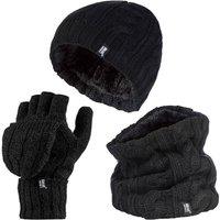 Heat Holders Women's Fleece Lined Thermal Winter Hat, Neck Warmer & Converter Gloves Set in Black
