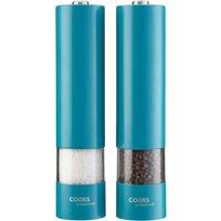 Cooks Professional Electric Salt & Pepper Mill Set Stainless Steel Automatic Grinder in Teal