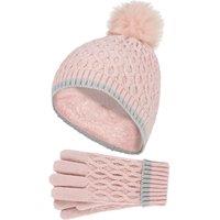 Heat Holders Girl's Thermal Insulated Pom Pom Bobble Beanie Hat & Gloves in Pink | Size: 7-10 Years