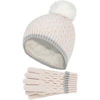 Heat Holders Girl's Thermal Insulated Pom Pom Bobble Beanie Hat & Gloves in Cream | Size: 7-10 Years