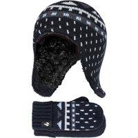 Heat Holders Boy's Outdoor Thermal Winter Hat with Ear Flaps & Mittens Gloves Set in Black | Size: 3-6 Years
