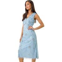 Roman Women's Petite Embellished V-Neck Midi Dress in Blue | Size: 14