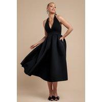 Goddiva Women's Halter Neck Pleated A Line Midaxi Dress in Black | Size: 10