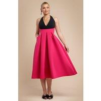 Goddiva Women's Halter Neck Pleated A Line Midaxi Dress in Magenta | Size: 14
