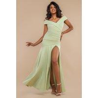 Goddiva Women's Scuba Crepe Off-Shoulder Front Split Maxi Dress in Light Green | Size: 12