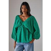 Warehouse Women's Blouson Broderie Top With Grown On Sleeve in Bright Green | Size: 10